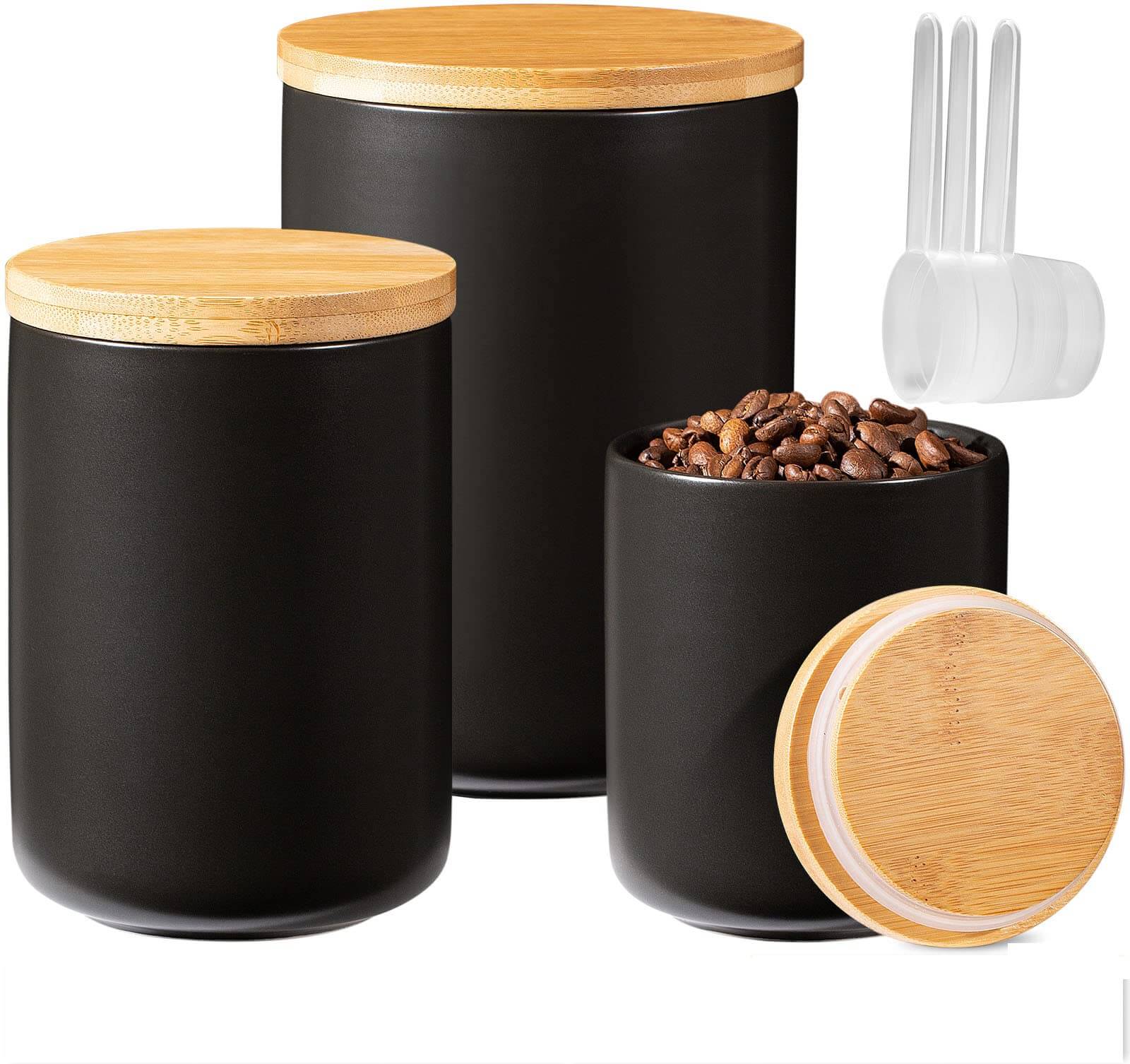 Yangbaga 3-piece black ceramic canister set in 84oz, 32oz, and 15oz sizes