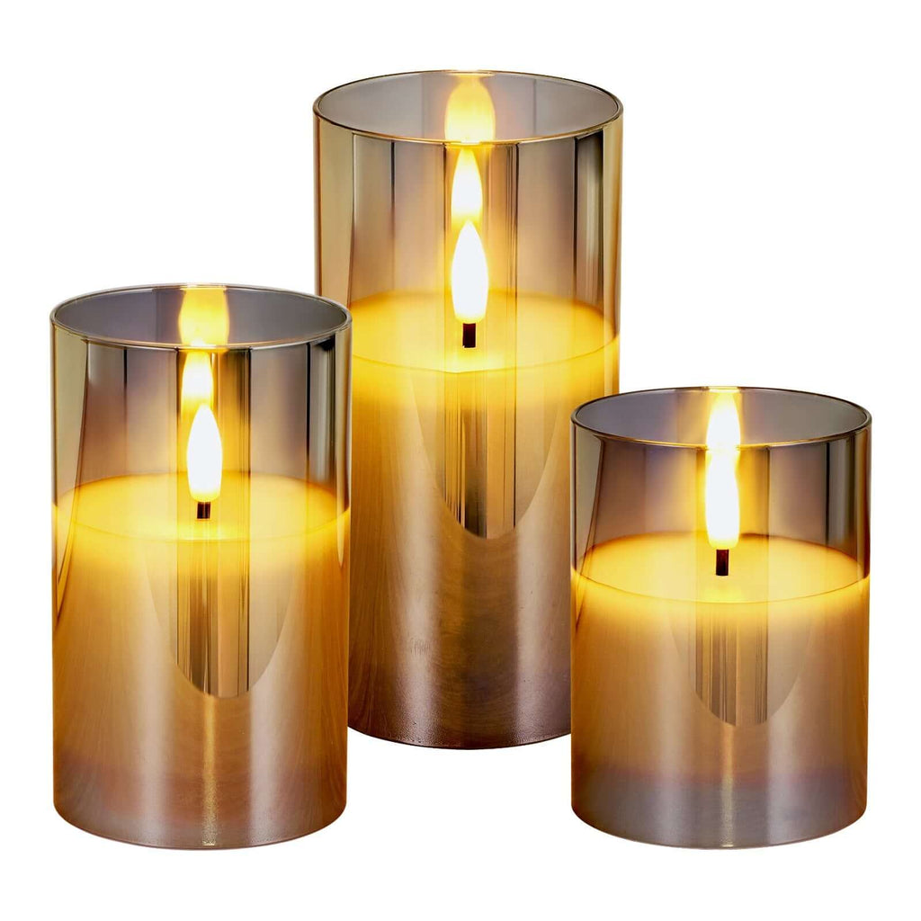Three different sizes of battery operated pillar candles for staggered display