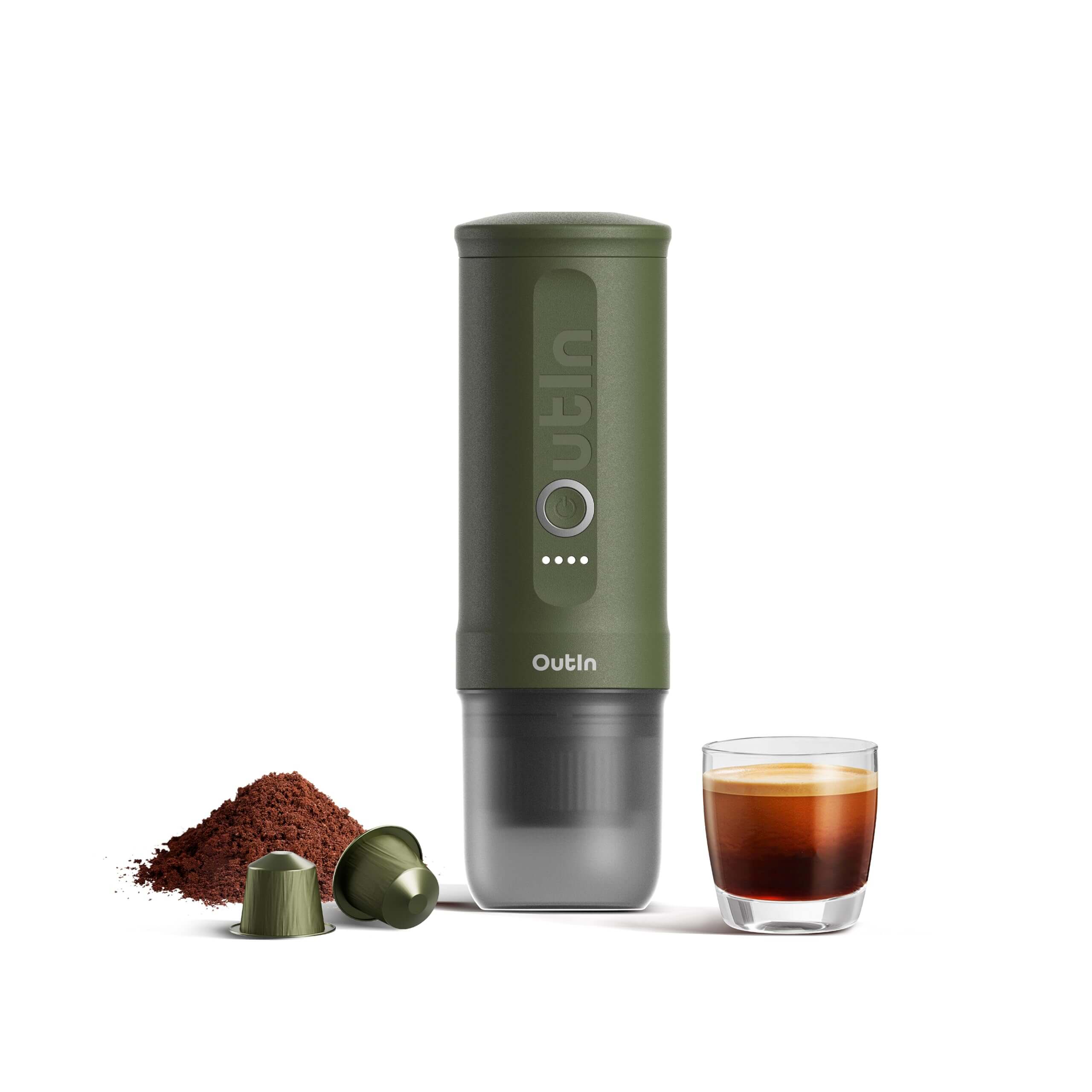 OutIn Nano forest green portable espresso machine with self-heating and 20 bar pressure