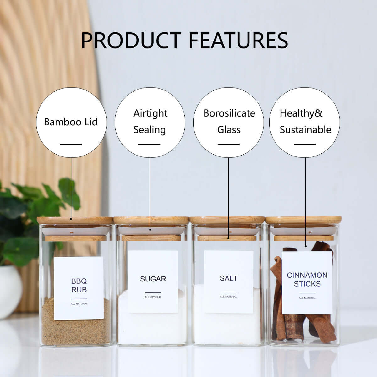 Minimalist square glass jars with airtight bamboo tops for spices and herbs