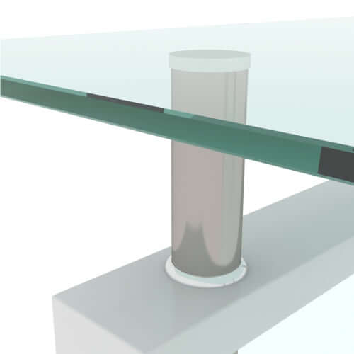 Close-up of the glass coffee table structure showing a sleek column support and minimalist design.