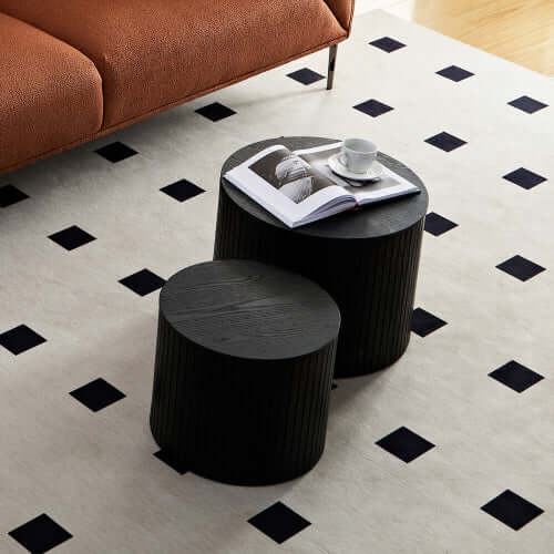 Sleek Nesting Coffee Table Duo (Set of 2) – Modern Circular Space-Saving Tables – Minimalist Black Walnut Finish for Living Room