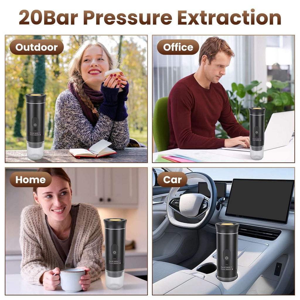 Compact travel espresso machine fitting in car cup holder with USB-C charging