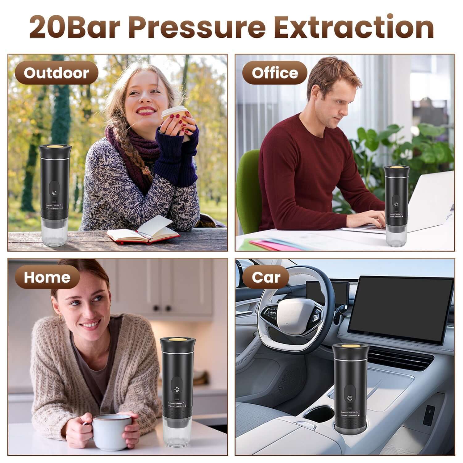 Compact travel espresso machine fitting in car cup holder with USB-C charging