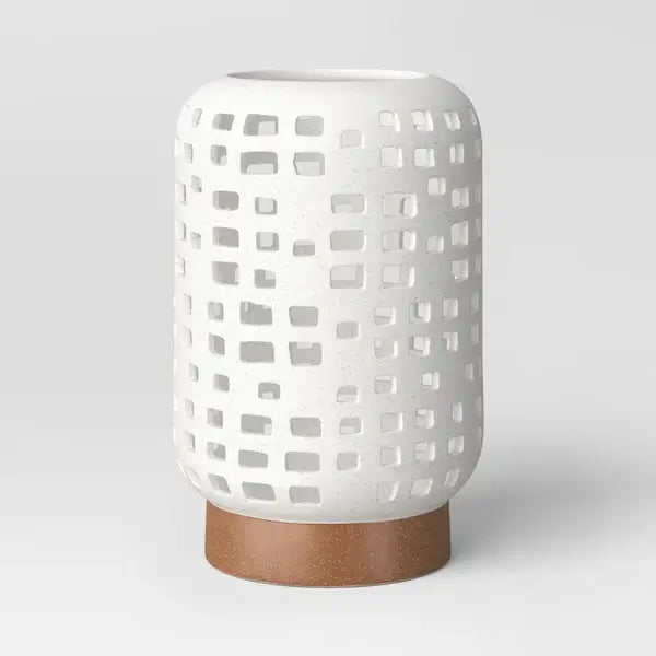 7 inch white ceramic pillar candle lantern with rectangular cut-outs