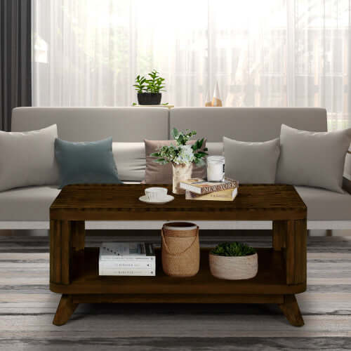 41.5" Rectangular Wooden Coffee Table – Pine & Solid Wood Centerpiece – Mid-Century Modern Design in Walnut | Sip & Sort