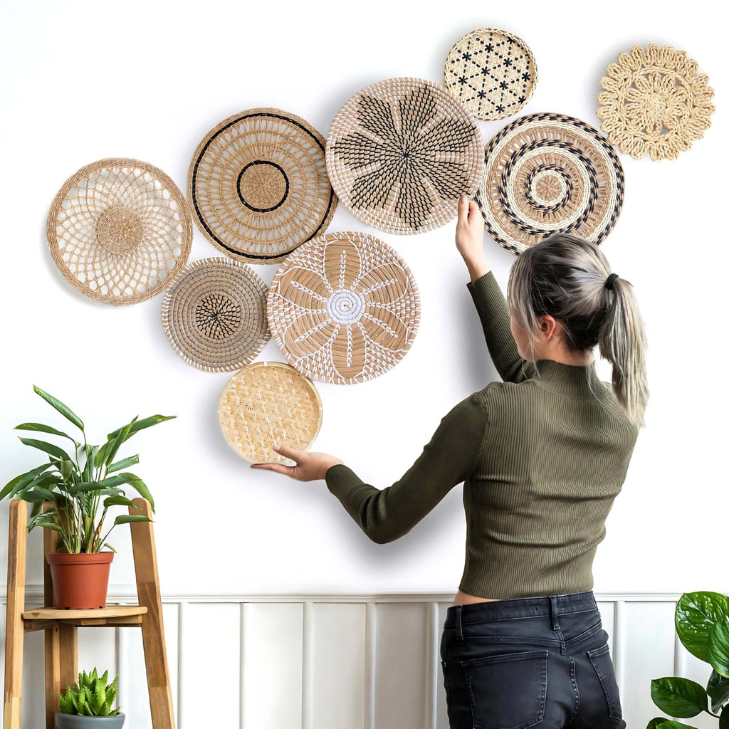 9-Piece Artisire Boho Woven Wall Basket Decor - Handwoven Seagrass Gallery Wall Set - Natural Round Wicker Art for Living Room
