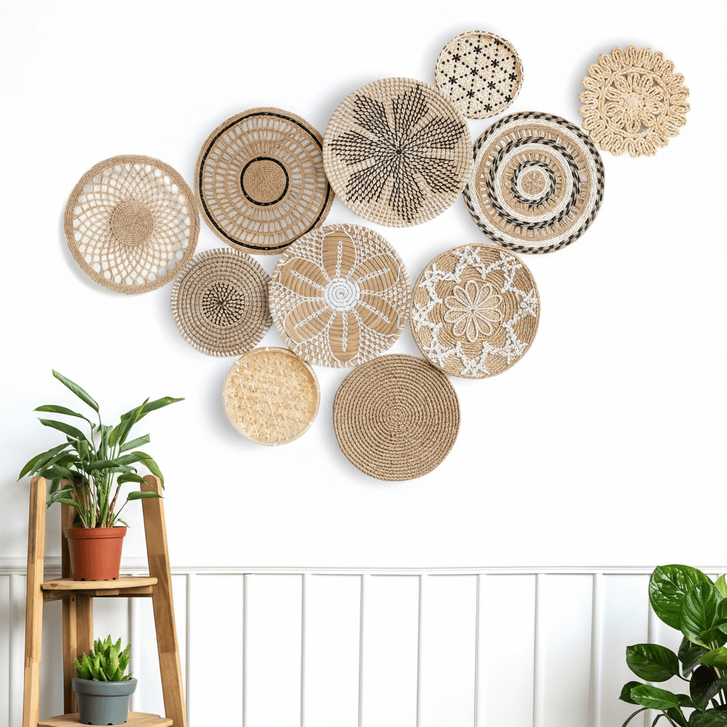 9 piece Artisire boho woven wall basket set in natural brown and black patterns