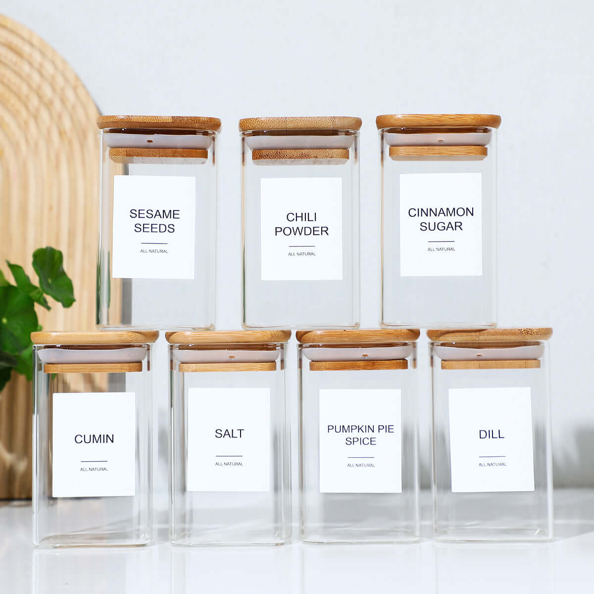 24-Piece Glass Spice Jars Set | 4oz Square Seasoning Containers with Airtight Bamboo Lids