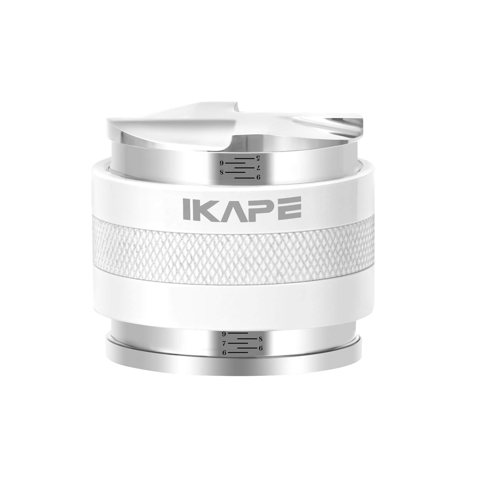 IKAPE 58mm espresso tool featuring the dual-head distributor and tamper in a sleek white and stainless steel finish