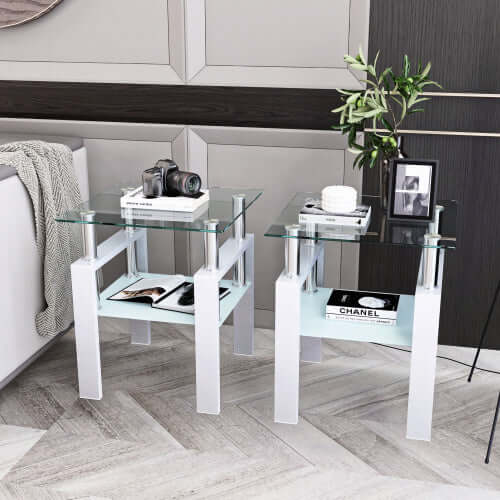 Modern Tempered Glass Tea Table Set (2-Pack) – Minimalist Circular Nesting Tables – Elegant White Base Centerpiece for Living Room