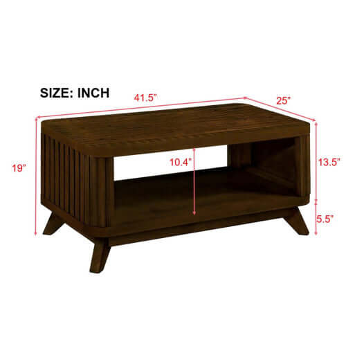  Close-up of the pine wood texture and durable MDF veneer finish on the walnut coffee table.