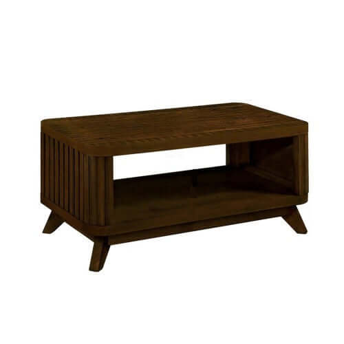41.5-inch rectangular wooden coffee table with a rich walnut finish and solid wood legs.