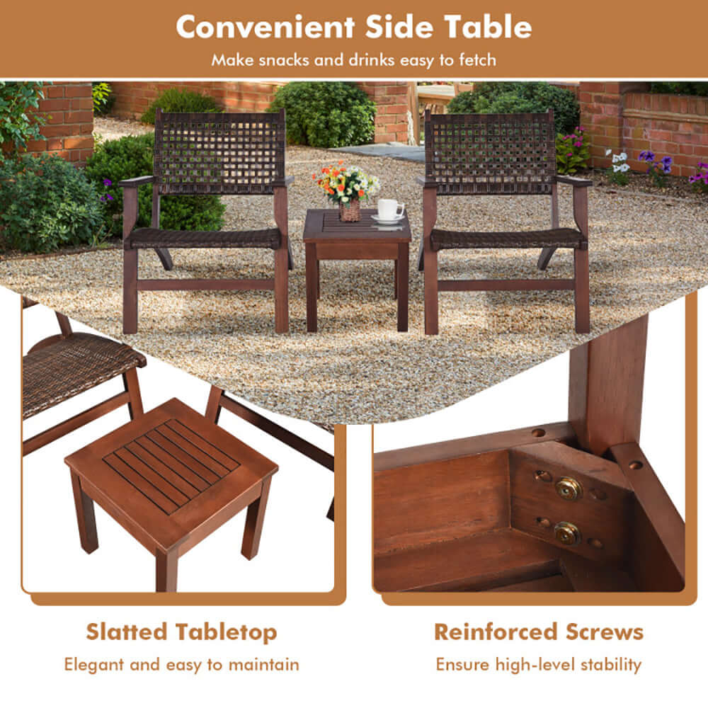 Natural eucalyptus wood grain and premium weather-resistant rattan weave detail