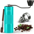  Aqua Sky manual coffee burr grinder with a professional stainless steel handle and aircraft-grade aluminum body.
