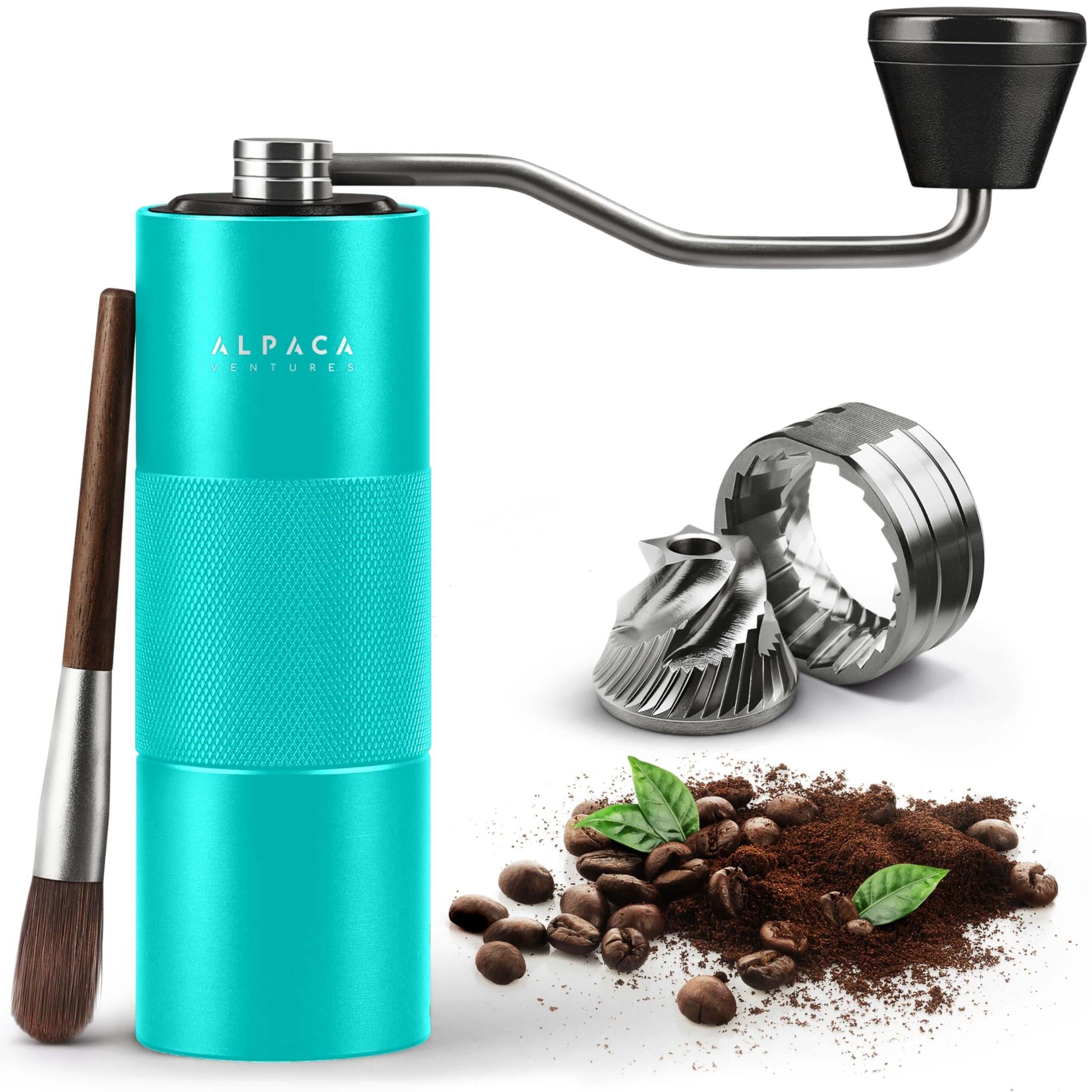  Aqua Sky manual coffee burr grinder with a professional stainless steel handle and aircraft-grade aluminum body.