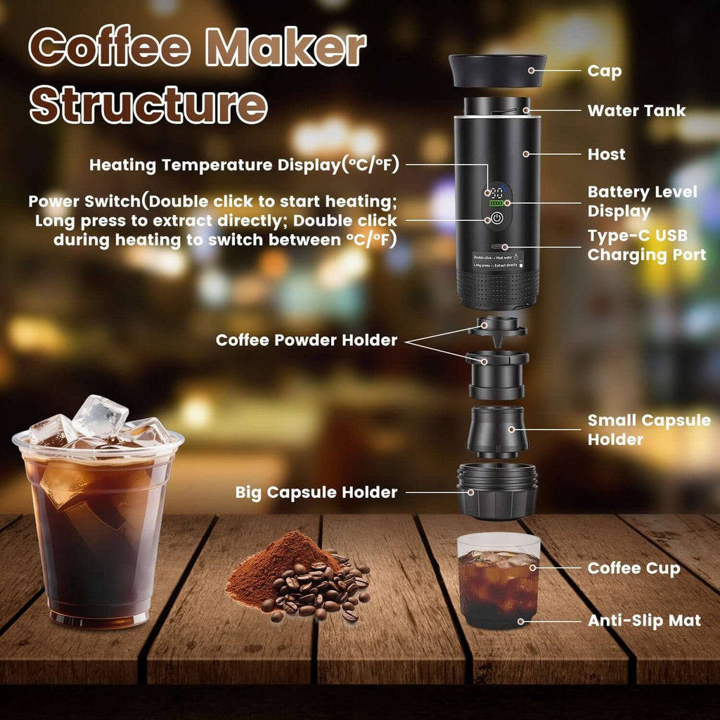 3-in-1 Self-Heating Portable Espresso Machine | 20 Bar Travel Maker for Capsules & Ground