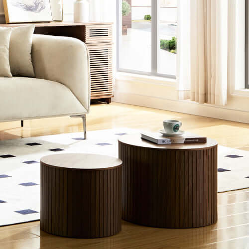 Walnut Round Nesting Coffee Table Set (Set of 2) – Space-Saving Modern Circular Centerpiece – Elegant Wood Finish for Living Room