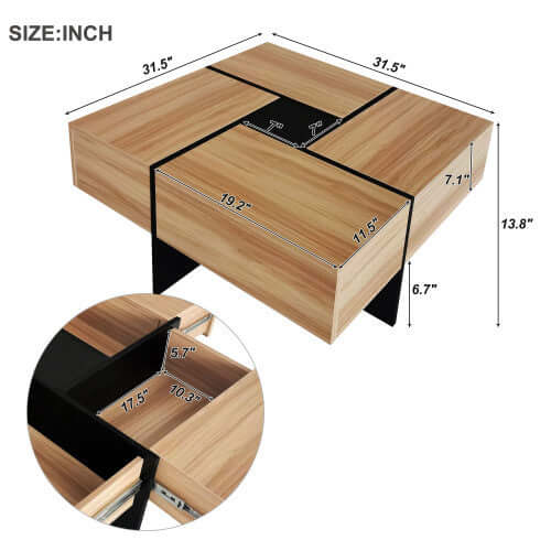 Extendable sliding tabletop mechanism of the Sip & Sort square coffee table revealing hidden storage