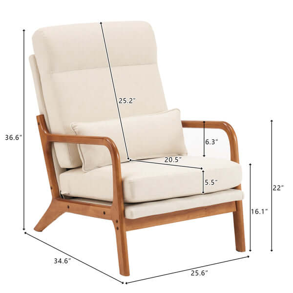 Mid-Century Modern chair with solid wood armrests, iron frame, and dimensions displayed for ergonomic leisure seating.