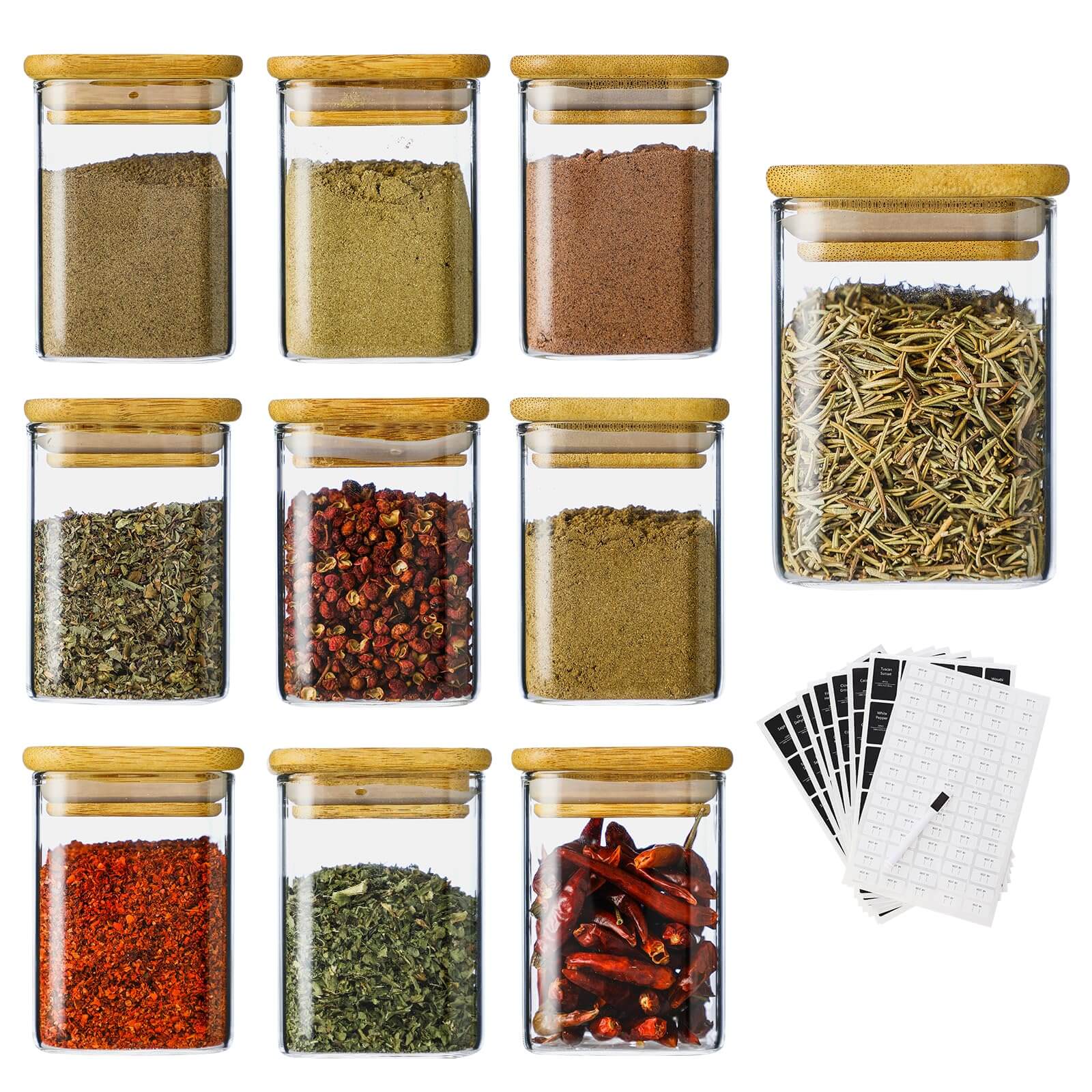 10-piece square glass spice jar set with natural bamboo lids 7oz each