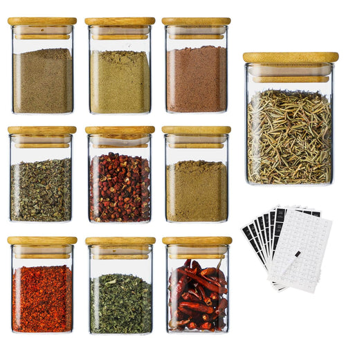 10-piece square glass spice jar set with natural bamboo lids 7oz each