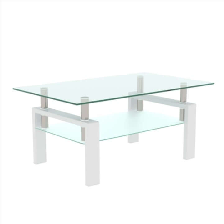 39 inch rectangular glass coffee table with 2-tier storage and white legs