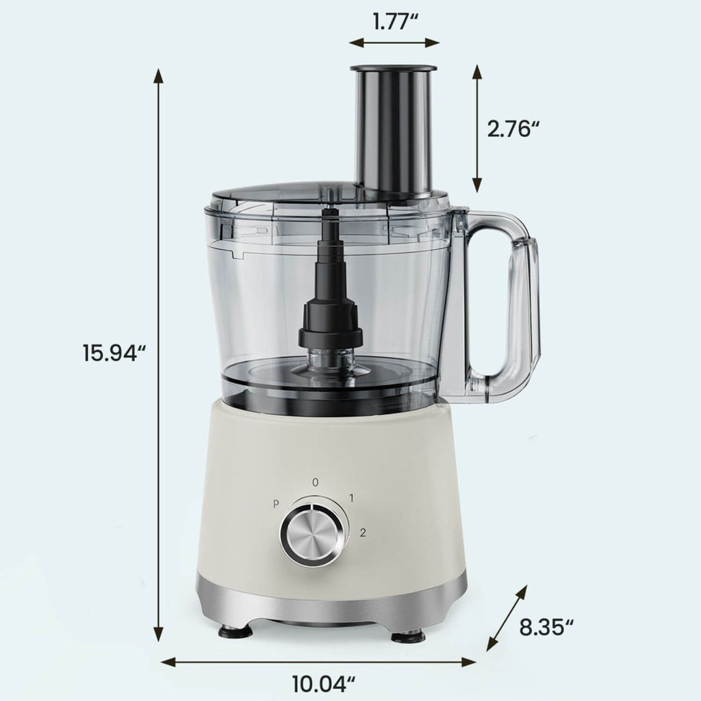 10.5 Cup Electric Food Processor with measurements and 5 stainless steel blades for versatile meal prep.