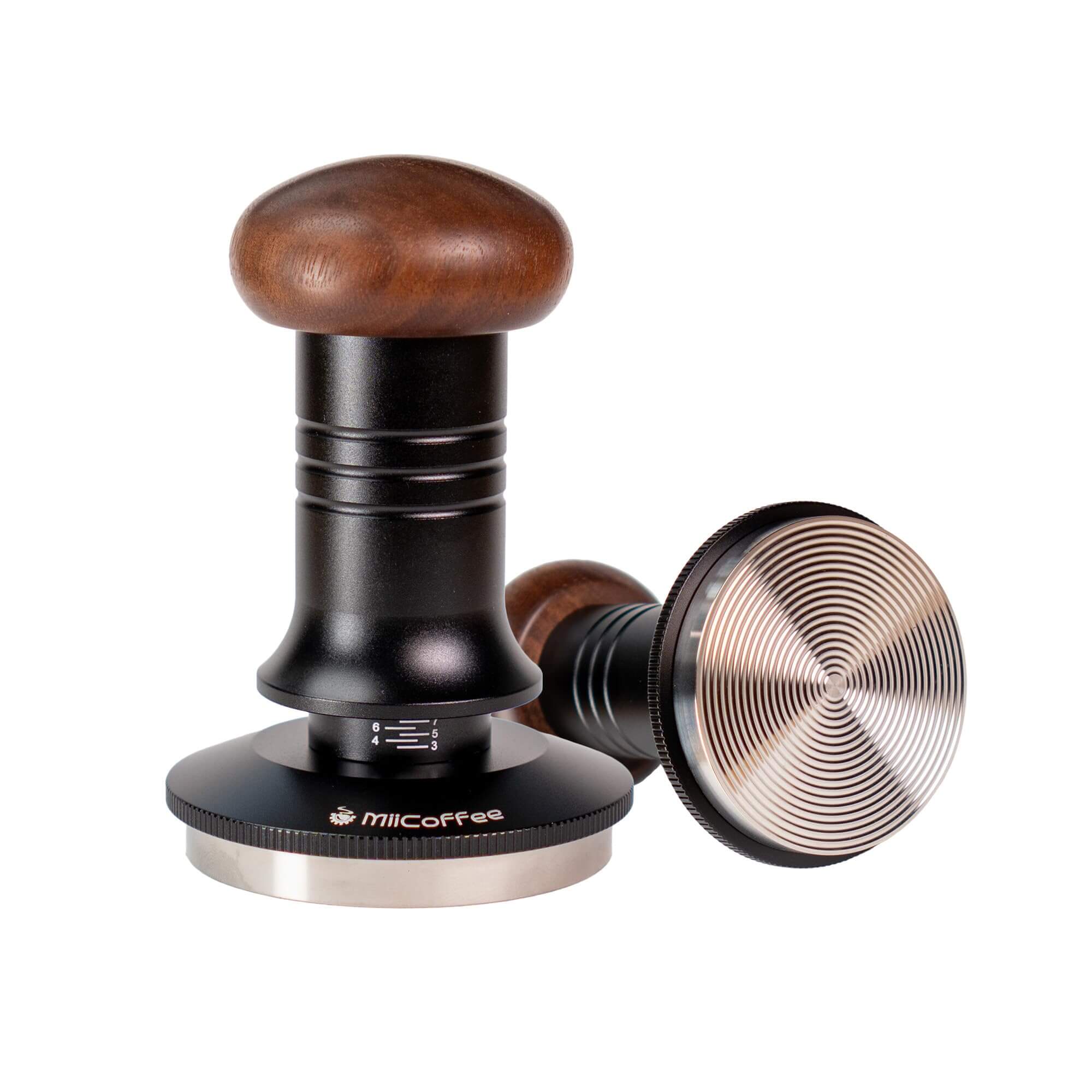 MiiCoffee LevelPro 58.5mm adjustable espresso tamper with a professional ripple base and leveling plate.