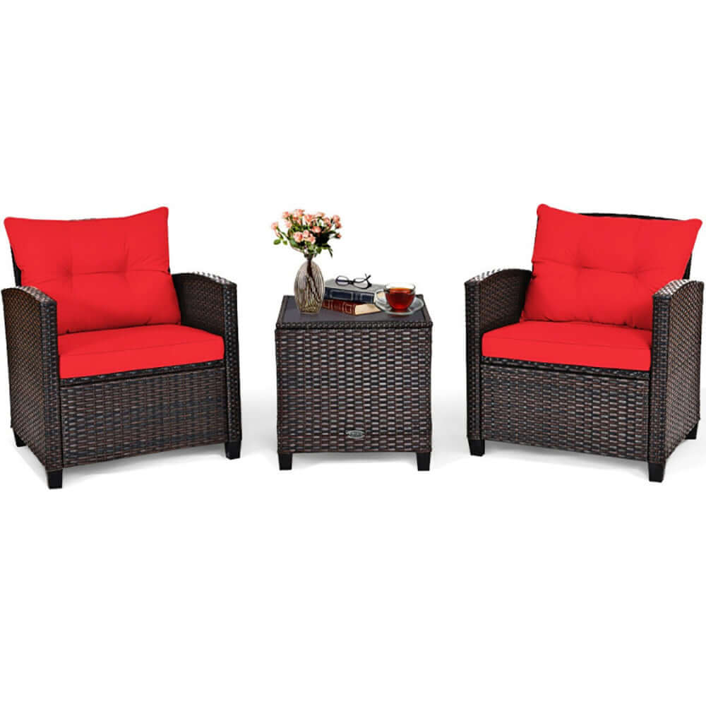 3-piece outdoor rattan bistro set featuring 2 ergonomic wicker chairs with red cushions and a tempered glass coffee table