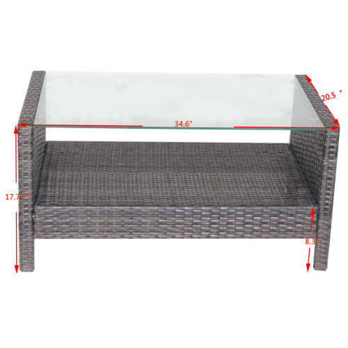 35" rectangular outdoor coffee table with tempered glass top and weather-resistant brown PE rattan design.