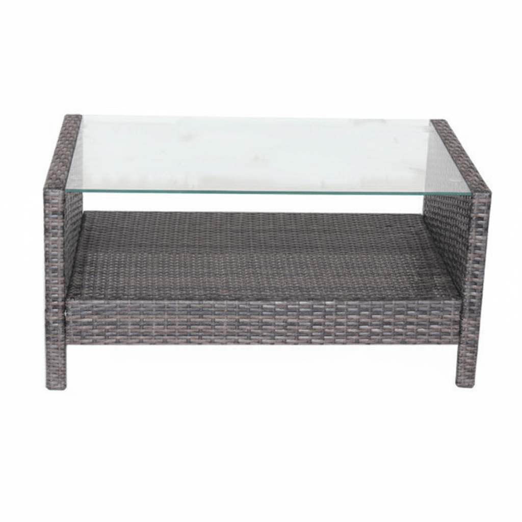 35 inch rectangular outdoor patio coffee table with brown wicker and glass top