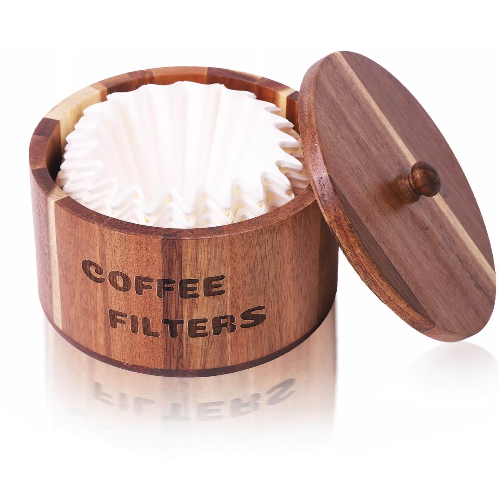 CATORY coffee filter holder made of natural acacia wood with a unique grain pattern for a coffee bar.