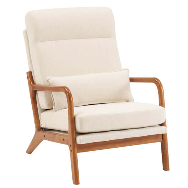 Mid-Century modern accent chair with off-white linen cushions and wood armrests