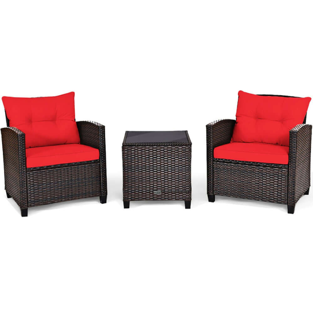3-Piece Outdoor Rattan Bistro Set - 2 Ergonomic Wicker Chairs with Thick Cushions & Tempered Glass Coffee Table