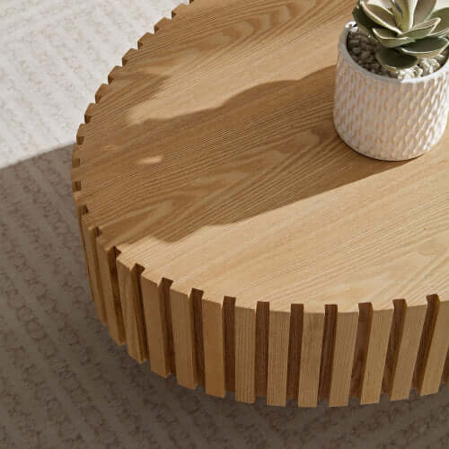 Modern Handmade Drum Coffee Table – Natural Ash Wood Pedestal Base – 43.7" Oval Low-Profile Centerpiece for Living Room
