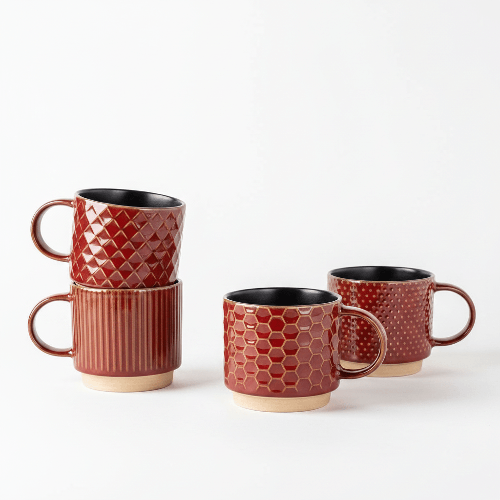GBHOME 12oz ceramic stackable coffee mugs in Rythmic Red showing the space-saving vertical design.