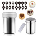 Barista Precision powder shaker set featuring the stainless steel dredger and 16 different latte art stencils