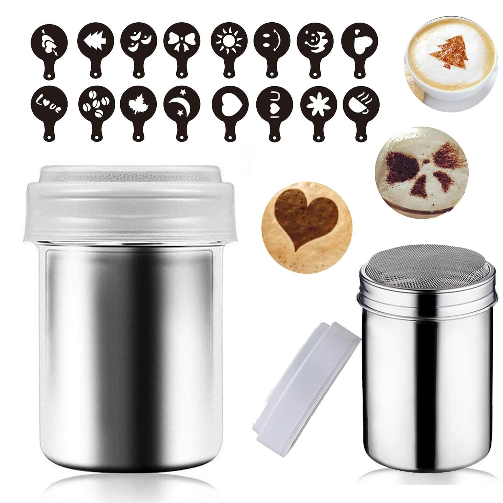 Barista Precision powder shaker set featuring the stainless steel dredger and 16 different latte art stencils