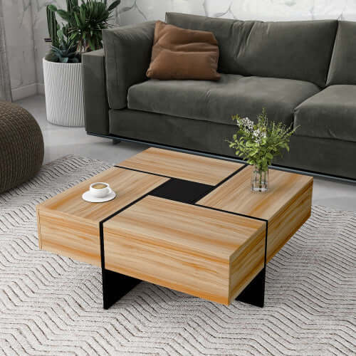 Minimalist living room featuring the sleek brown storage coffee table as a functional centerpiece