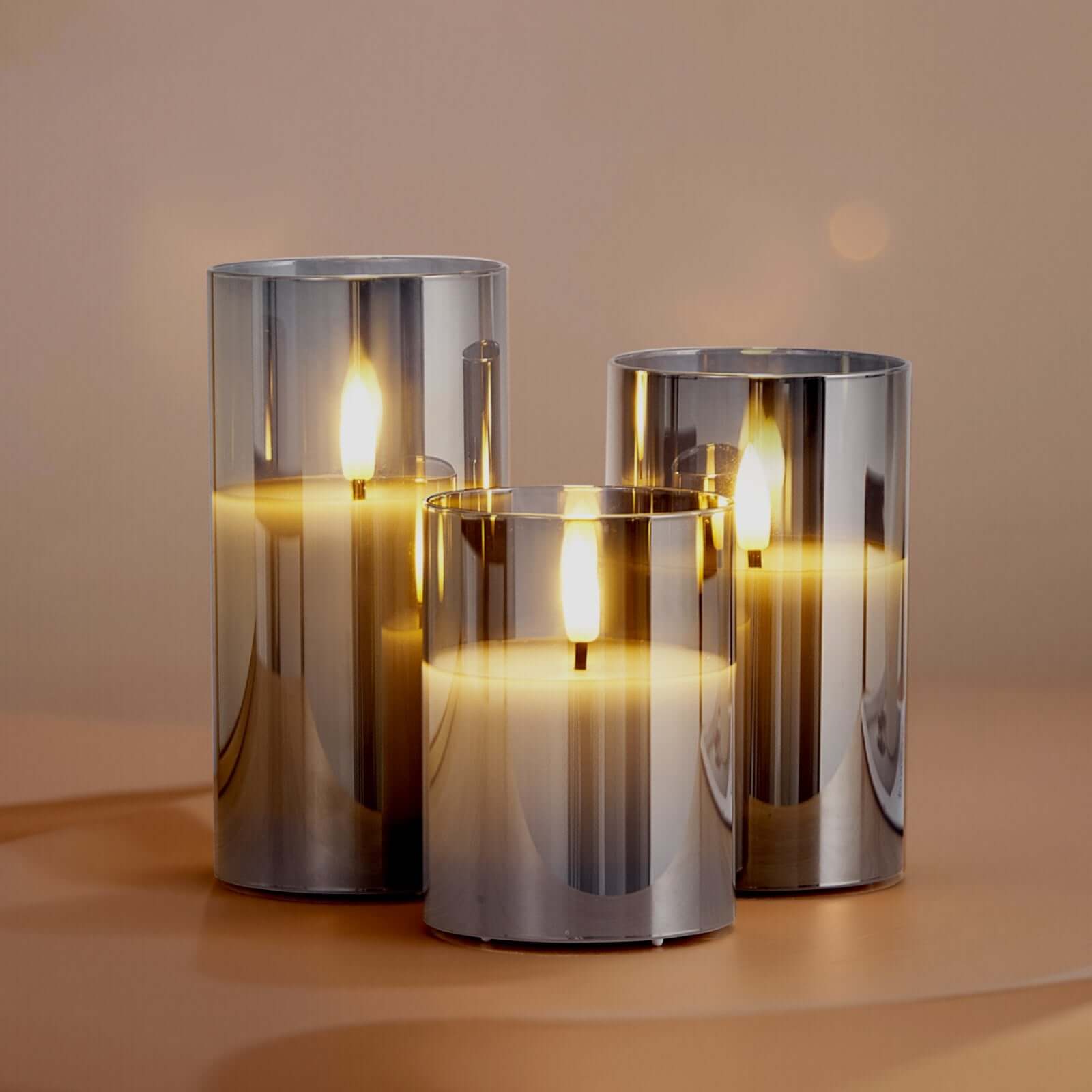Cozy living room decor with flickering flameless LED candles in gray