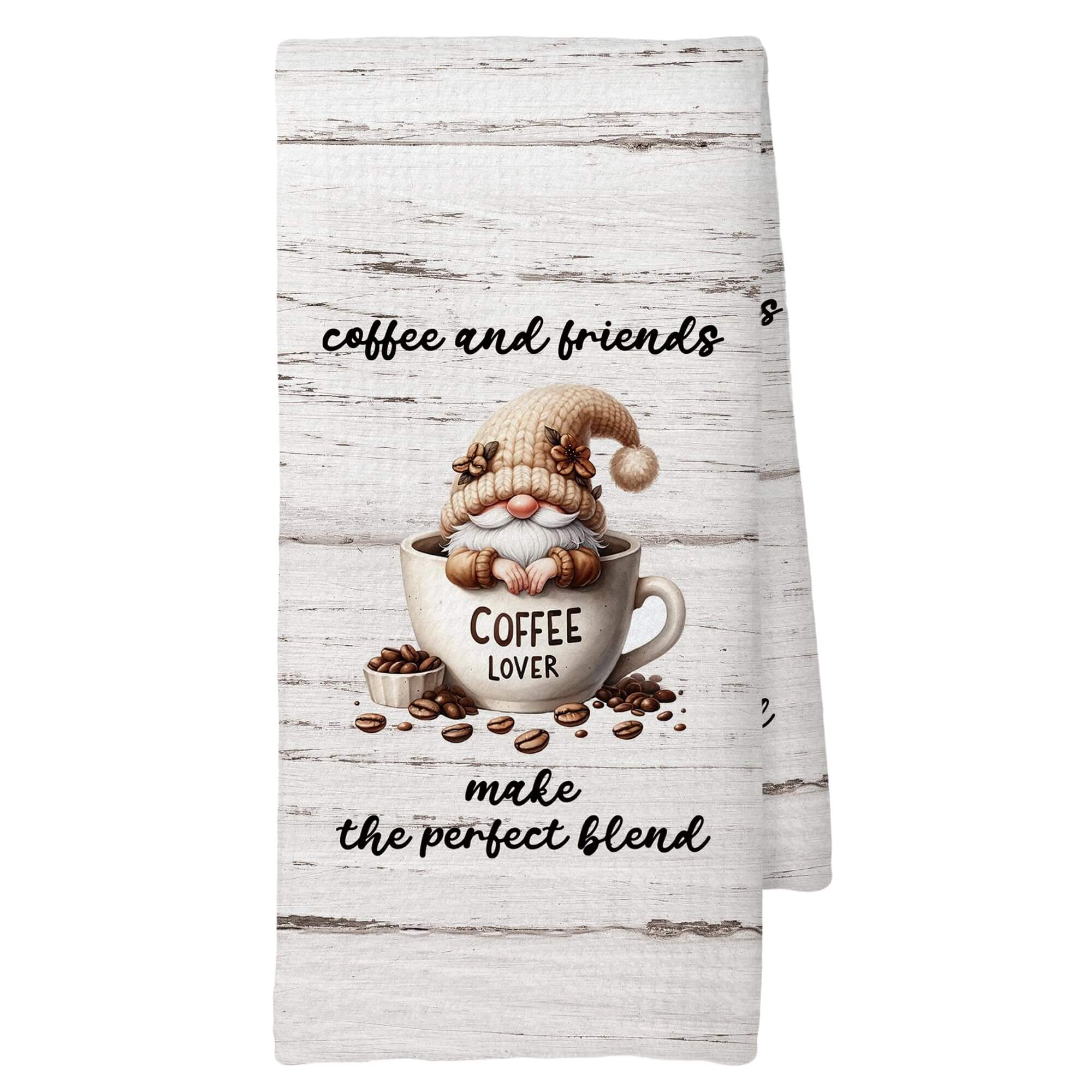 Elegant microfiber coffee kitchen towel with Coffee and Friends waffle weave design