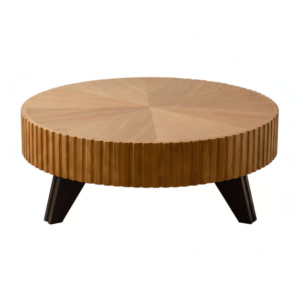 35.4 inch round retro coffee table with natural oak finish and solid wood legs