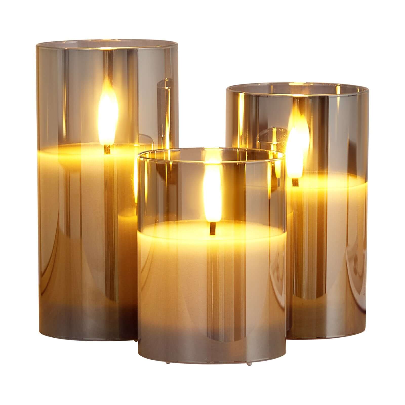 Set of 3 LED candles with flickering glow, safe for home decor, battery operated with remote and timer.