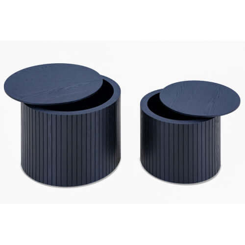 Sleek nesting coffee table duo in black walnut finish showing the modern set of two circular tables.