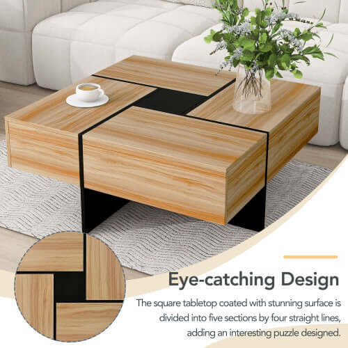 Sleek Square Storage Coffee Table – Modern Sliding Top Centerpiece – Hidden Compartments & Glossy Finish in Brown
