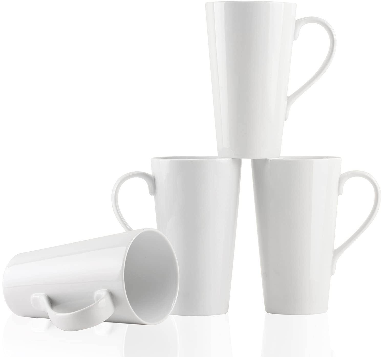 Set of 4 large 16oz tall ceramic coffee mugs with minimalist design on white background
