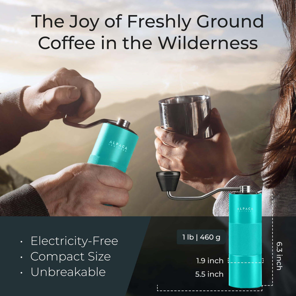 Aqua Sky manual grinder being used to prepare fresh espresso-quality coffee at home or during travel.